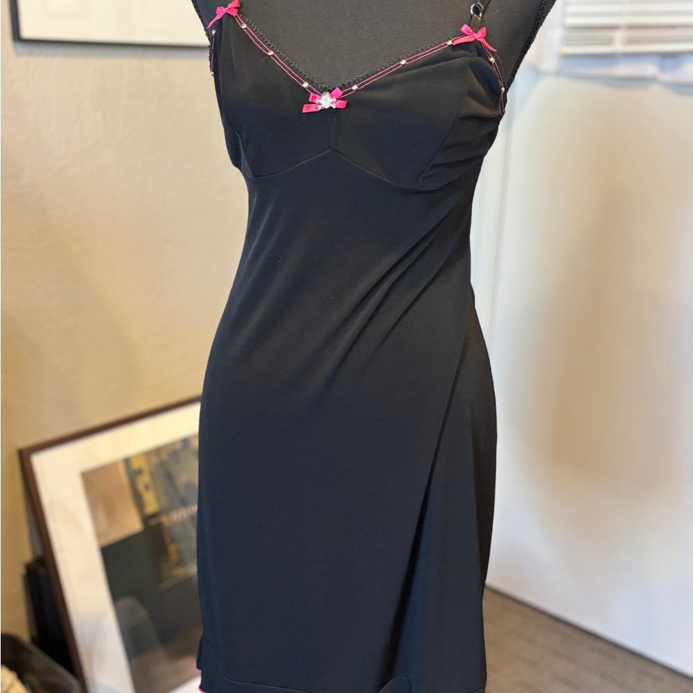 Slinky Black Slip Dress w Pink Trim